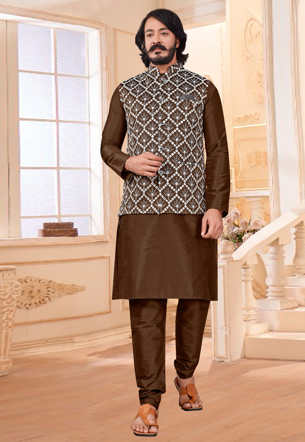 Brown Art Silk Lakhnavi Kurta Pajama With Jacket 239910