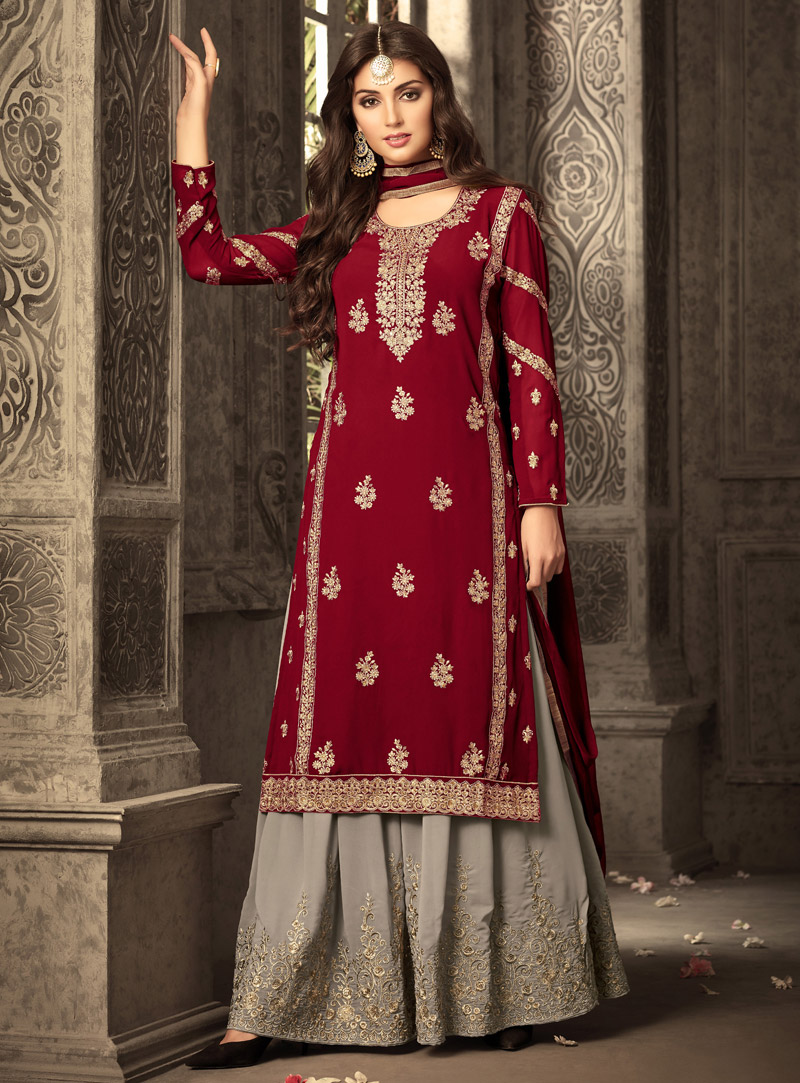 Red Georgette Palazzo Style Suit 138440