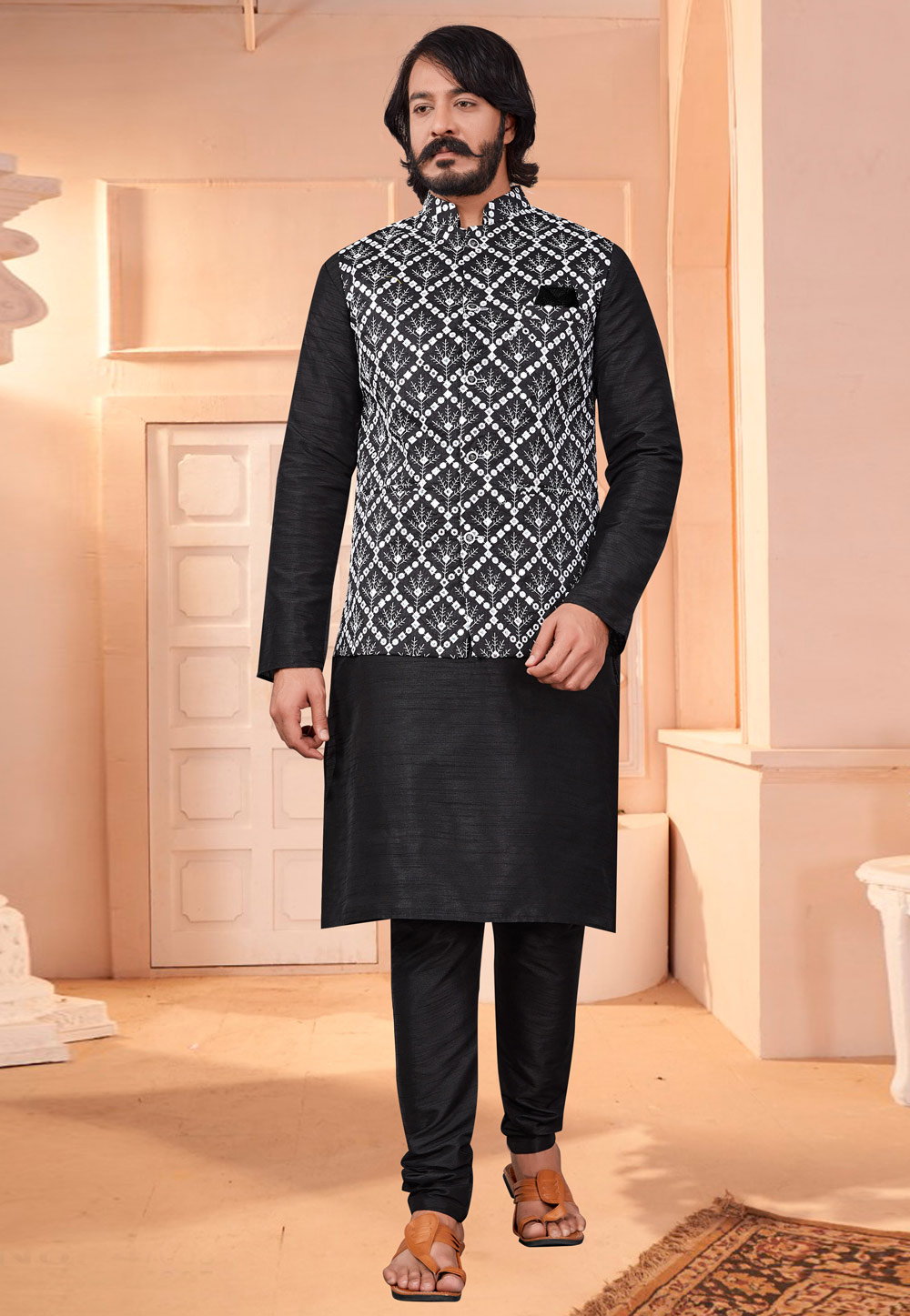 Black Art Silk Lakhnavi Kurta Pajama With Jacket 239912