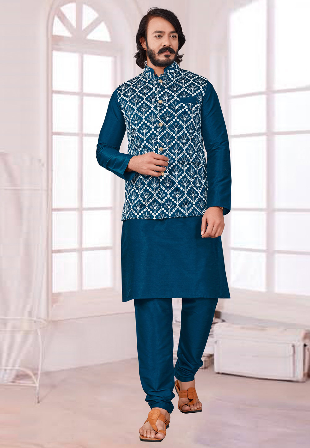 Blue Art Silk Lakhnavi Kurta Pajama With Jacket 239914
