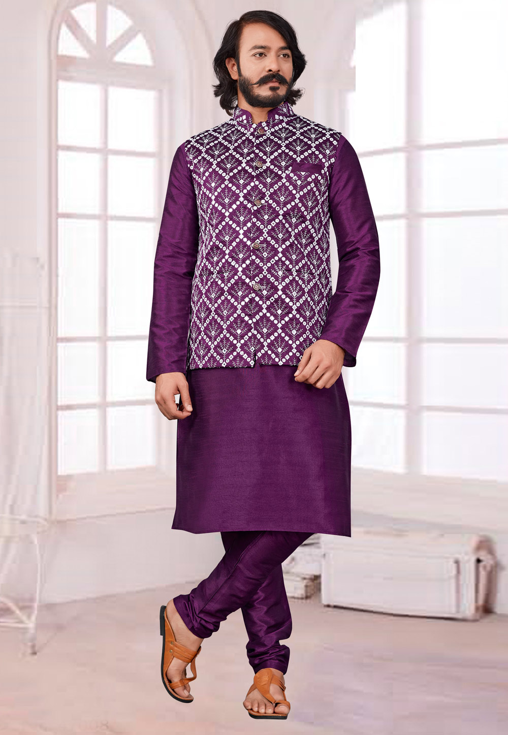 Purple Art Silk Kurta Pajama With Jacket 239915