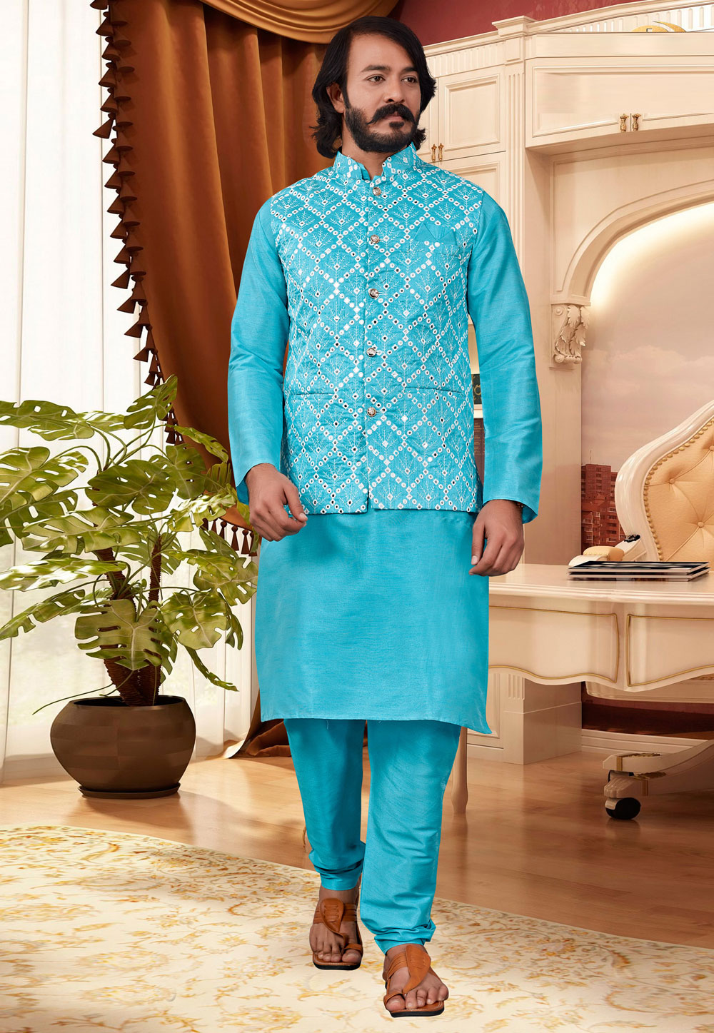 Aqua Art Silk Lakhnavi Kurta Pajama With Jacket 239916