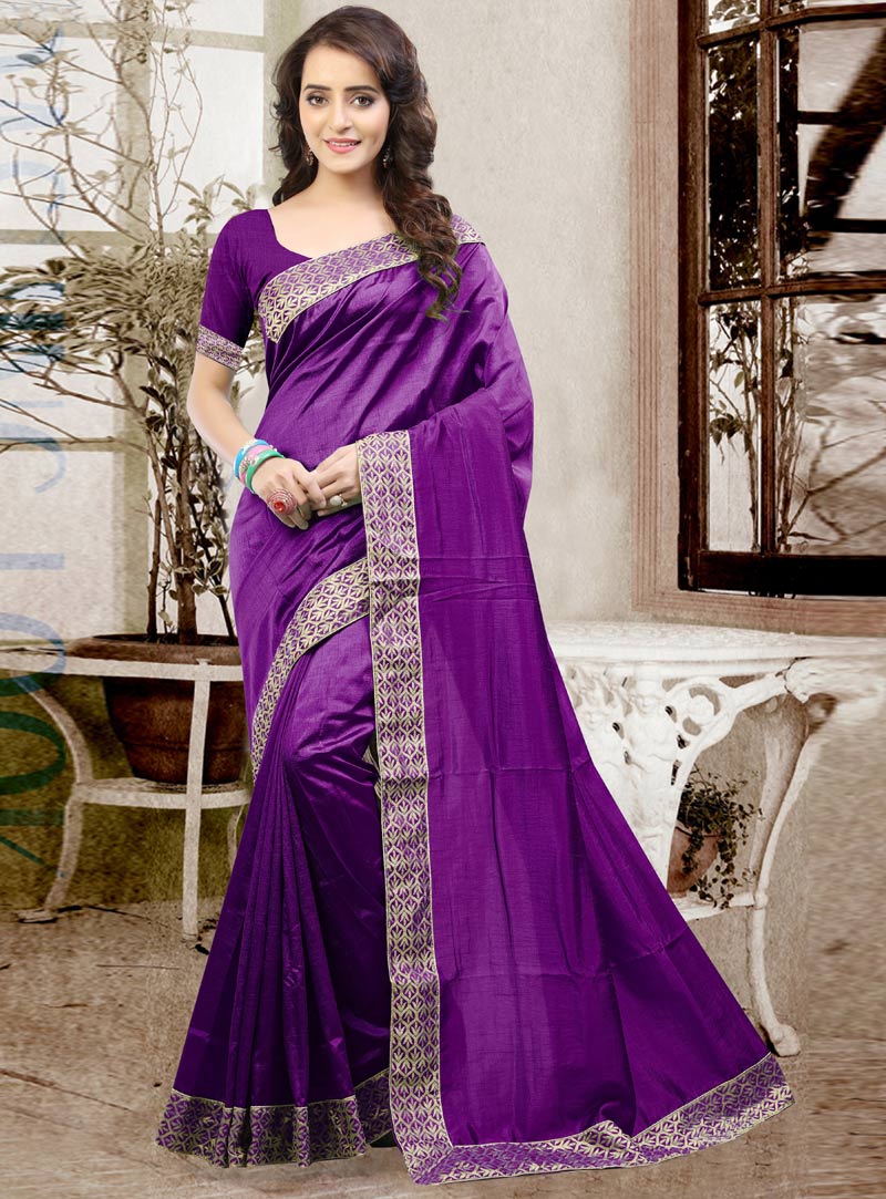 Purple Silk Patch Lace Work Saree 84990