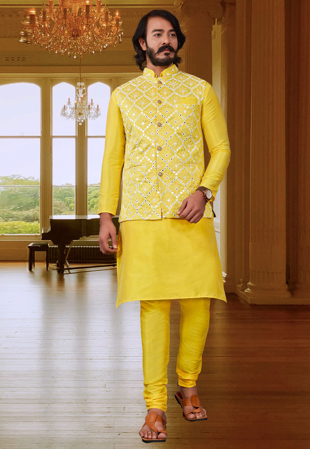 Yellow Art Silk Kurta Pajama With Jacket 239917