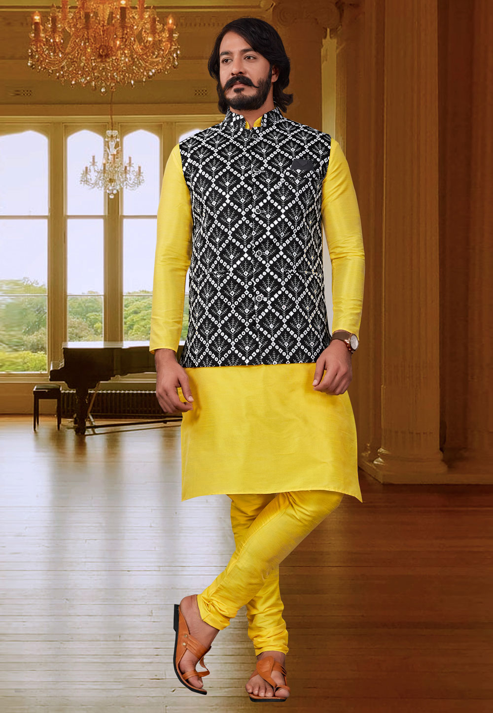 Yellow Art Silk Lakhnavi Kurta Pajama With Jacket 239918