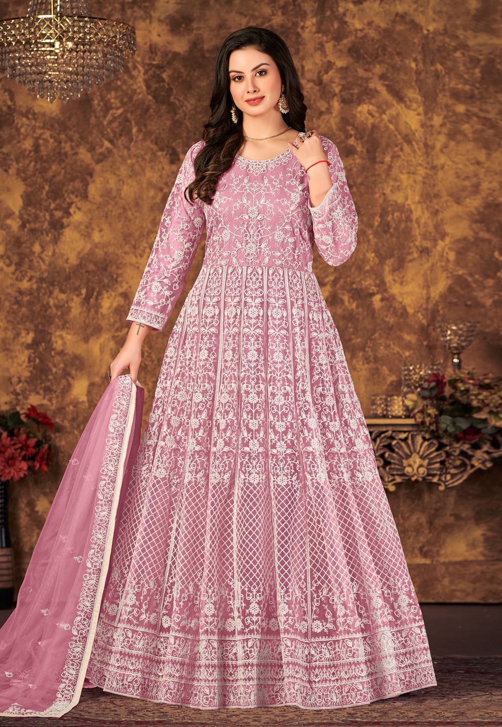Pink Net Abaya Style Anarkali Suit 252130