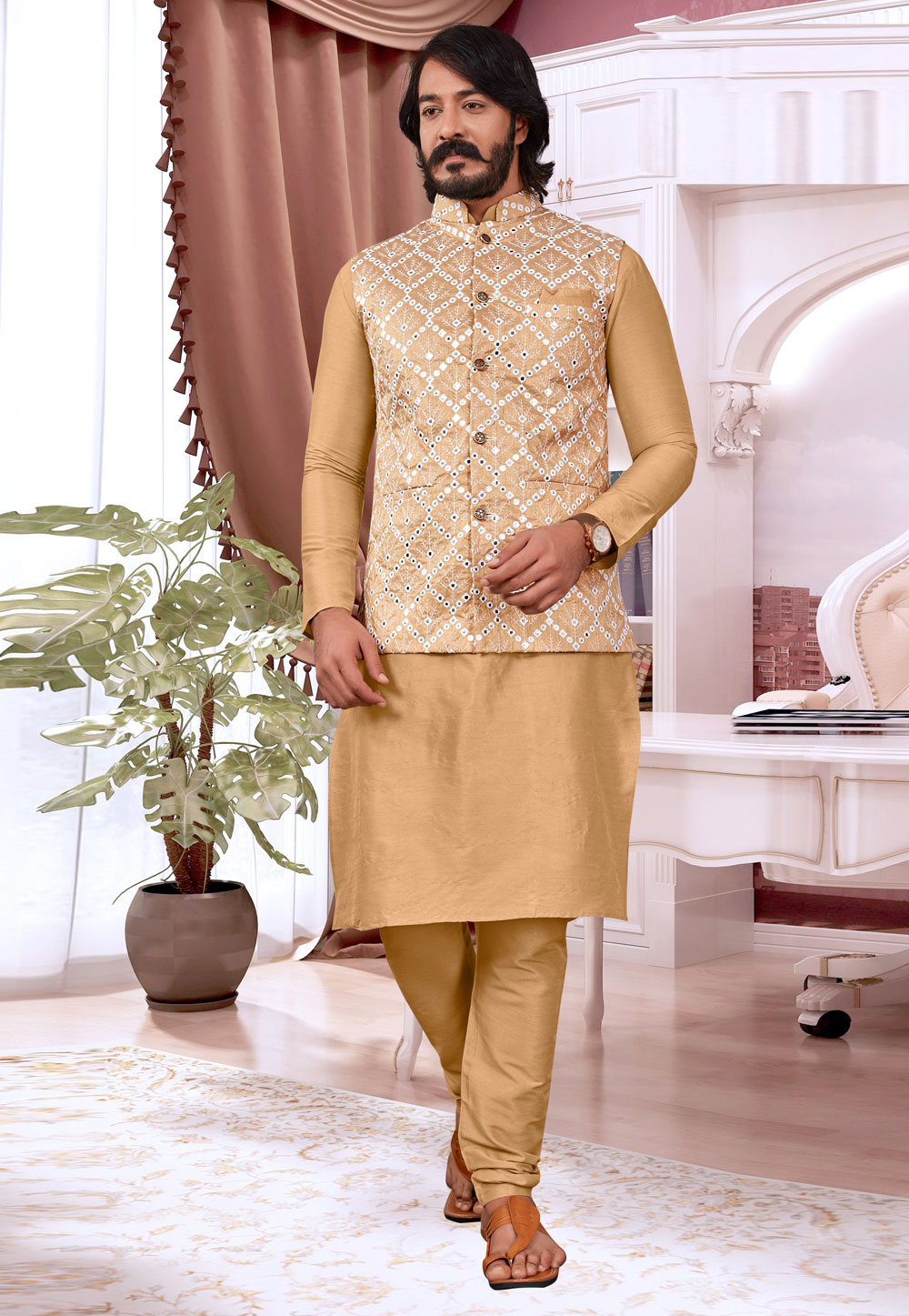 Beige Art Silk Kurta Pajama With Jacket 239919