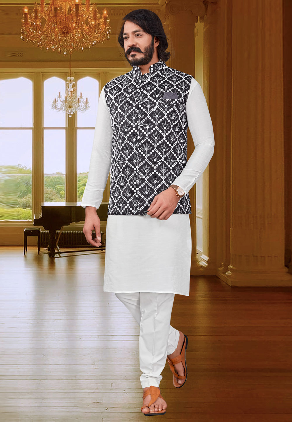White Art Silk Lakhnavi Kurta Pajama With Jacket 239920