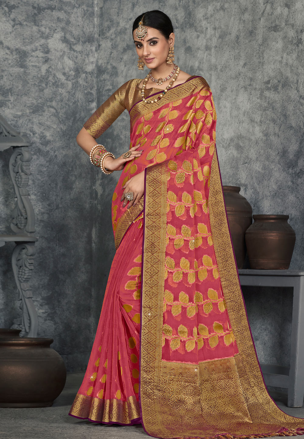 Pink Organza Saree With Blouse 265046