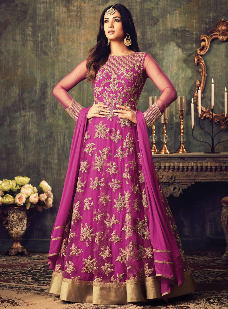 Sonal Chauhan Purple Net Floor Length Anarkali Suit 95068