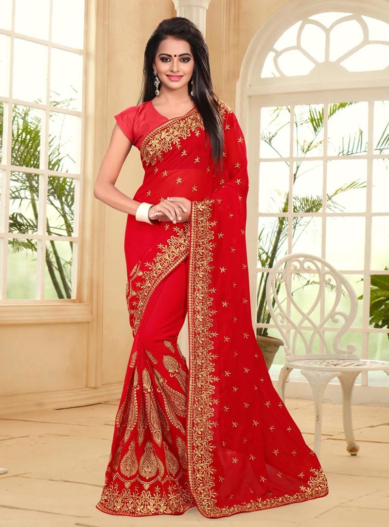 Red Georgette Embroidery Work Saree 77796