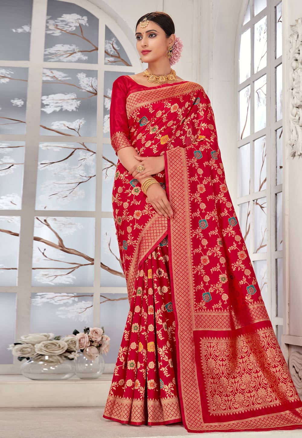 Red Banarasi Silk Saree With Blouse 248284