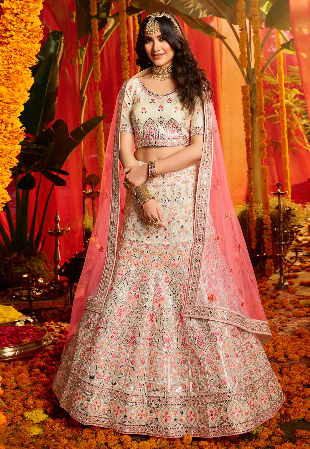 Off White Organza Circular Lehenga Choli 211787