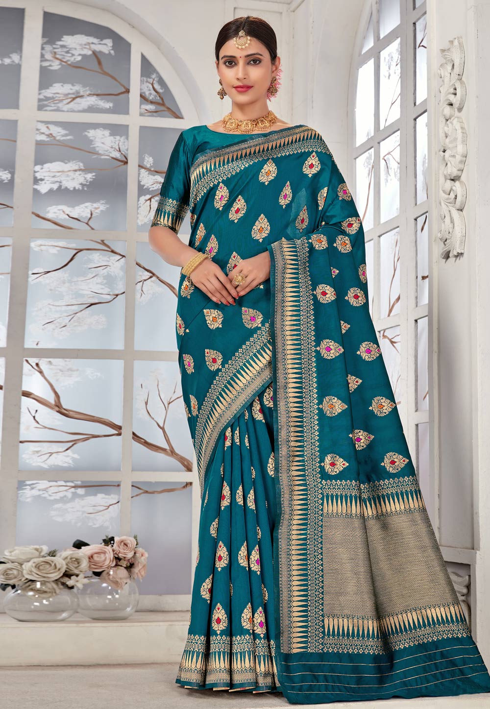 Teal Banarasi Silk Saree With Blouse 248286