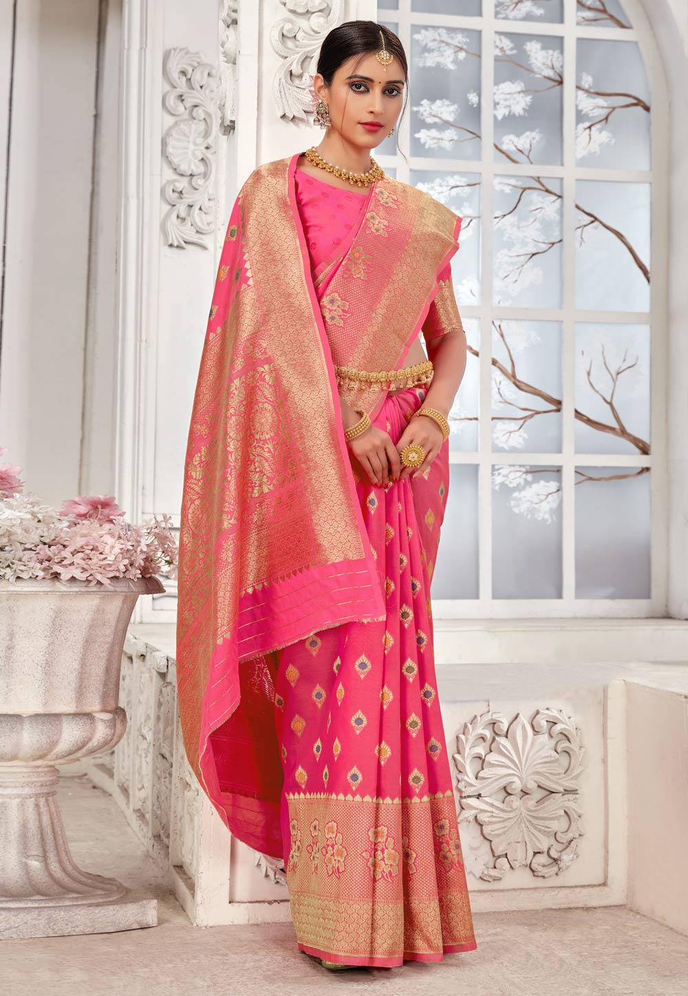 Buy Baby Pink Banarasi Cotton Silk Saree by OVER NICE SILK at Ogaan Market  Online Shopping Site