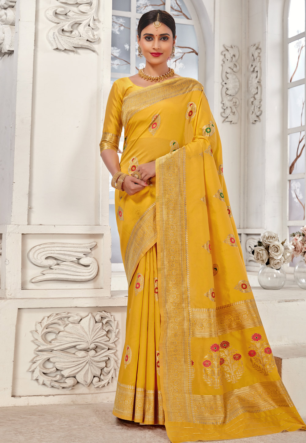 Yellow Banarasi Silk Saree With Blouse 248288