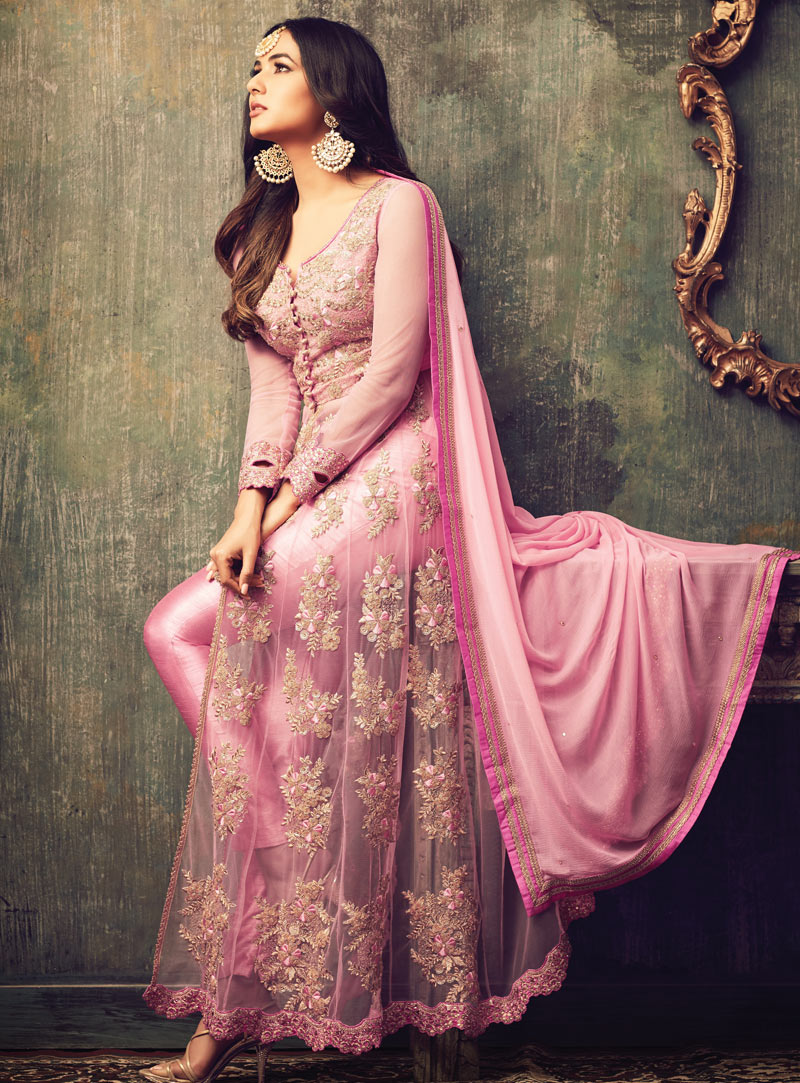 Sonal Chauhan Pink Net Center Slit Pant Style Suit 95075