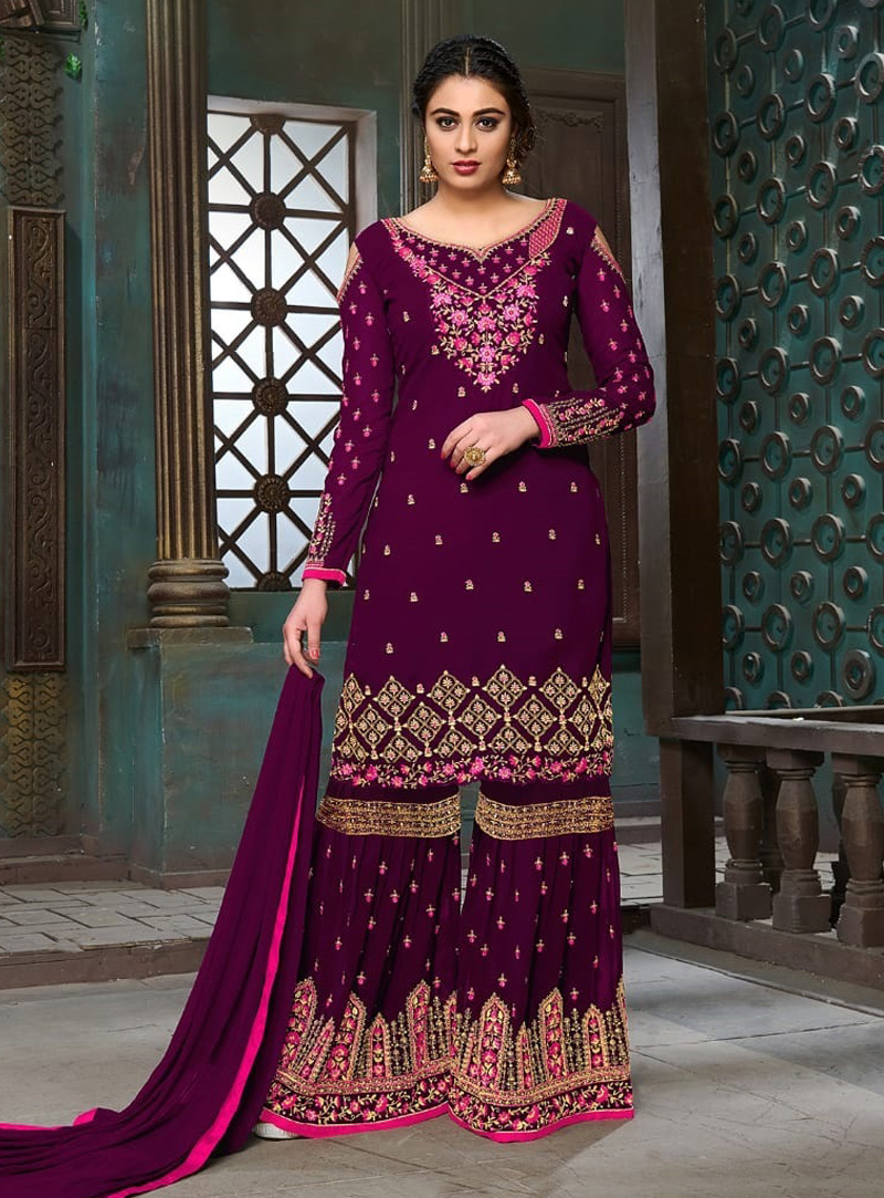 Purple Georgette Palazzo Style Suit 131663