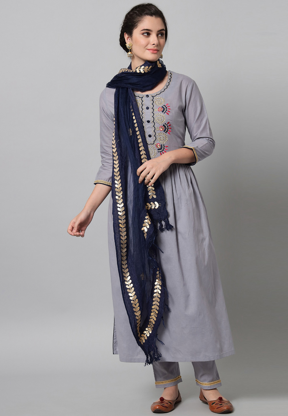 Grey Cotton Readymade Pant Style Suit 264046