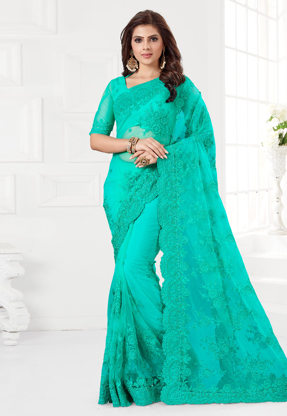 Turquoise Net Saree With Blouse 186963