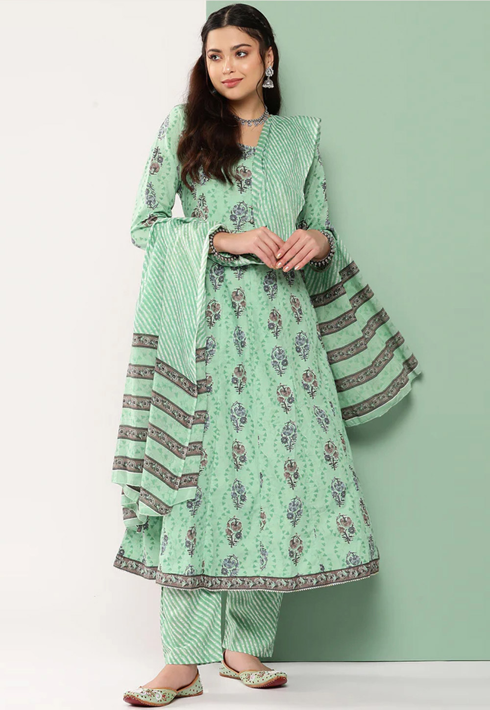 Light Green Cotton Readymade Palazzo Suit 264330