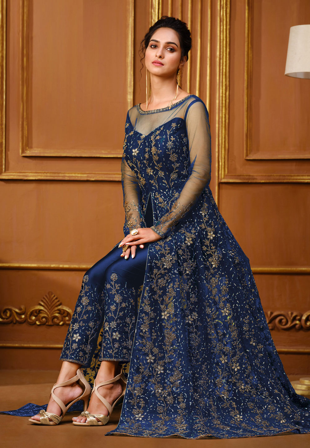 Navy Blue Net Embroidered Pant Style Suit 255841