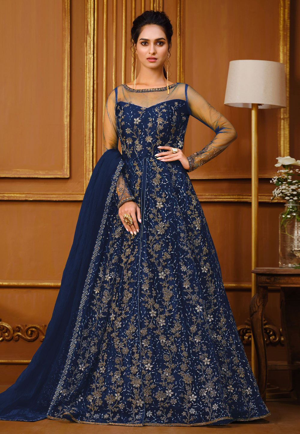 Navy Blue Net Abaya Style Anarkali Suit 255759