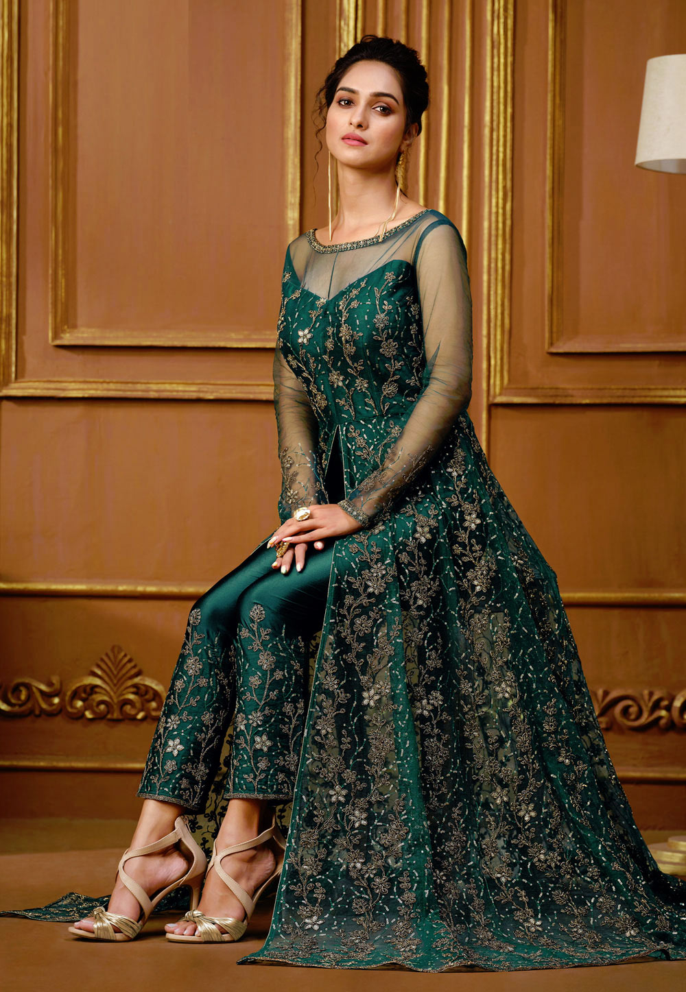 Green Net Embroidered Pant Style Suit 255840