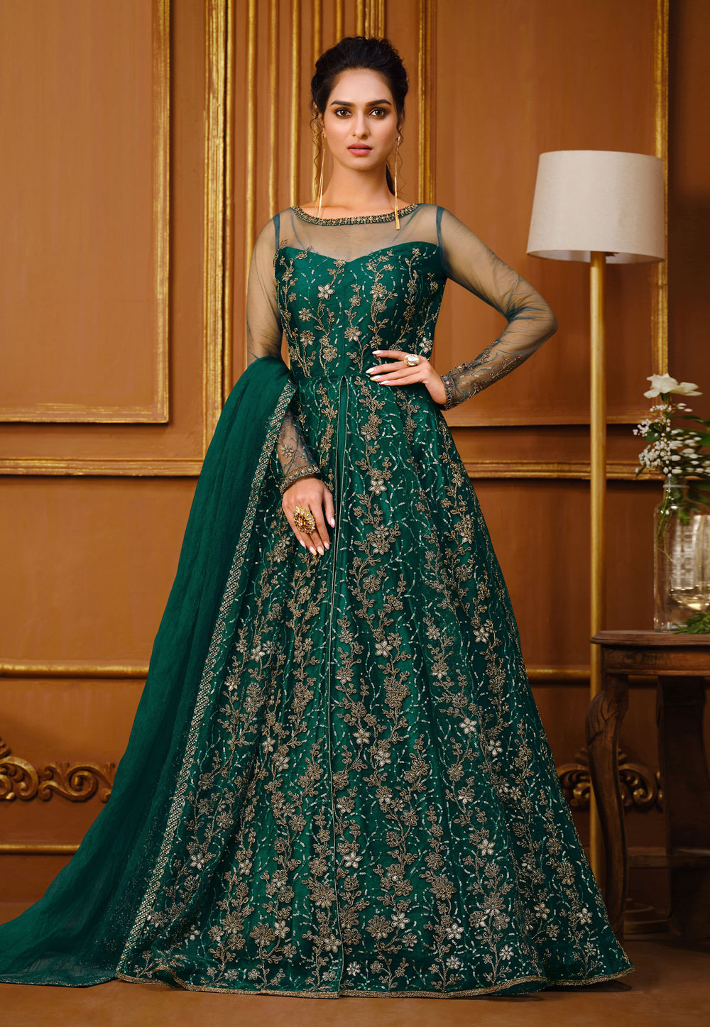 Green Net Abaya Style Anarkali Suit 255758