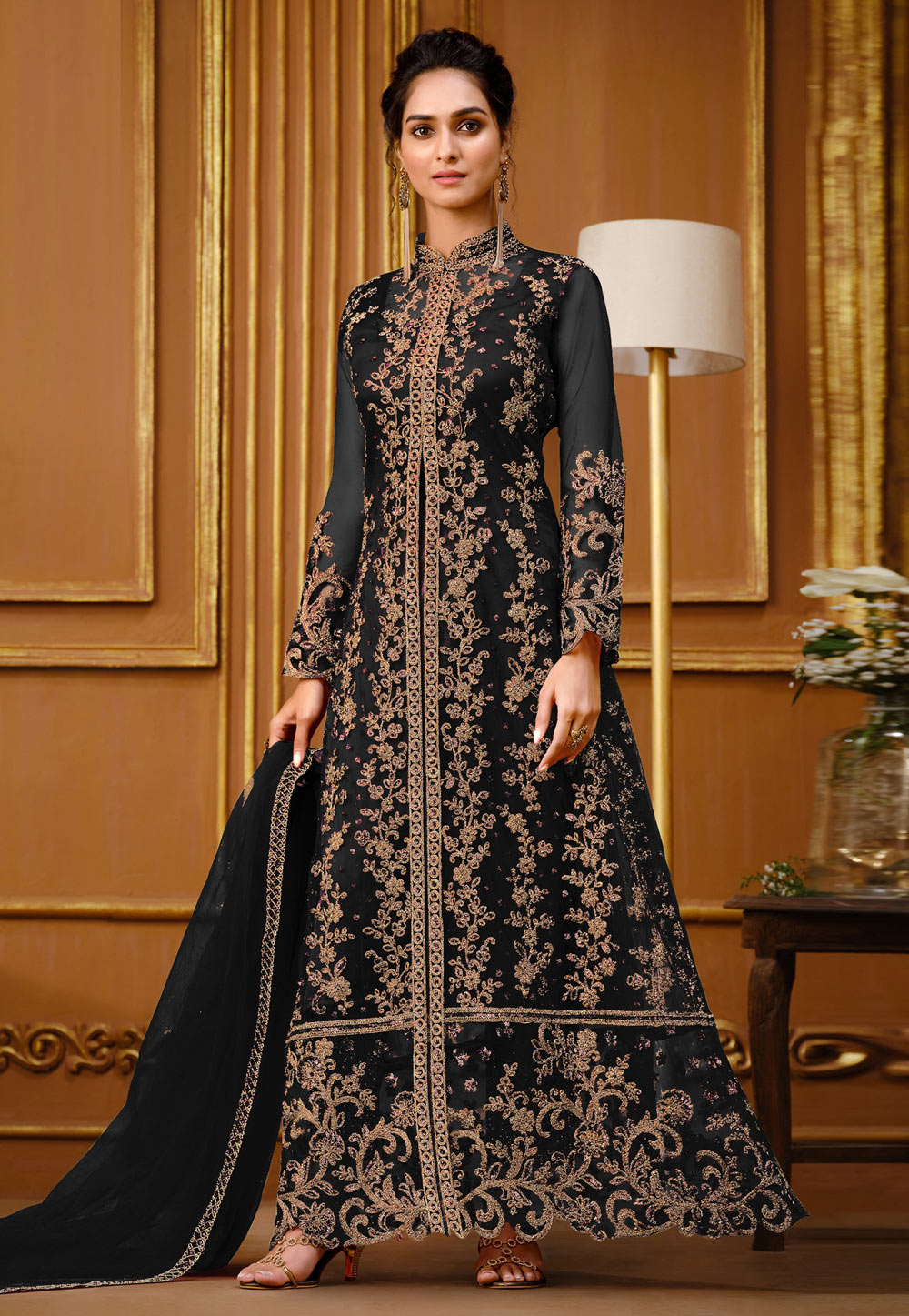 Black Net Abaya Style Anarkali Suit 255773