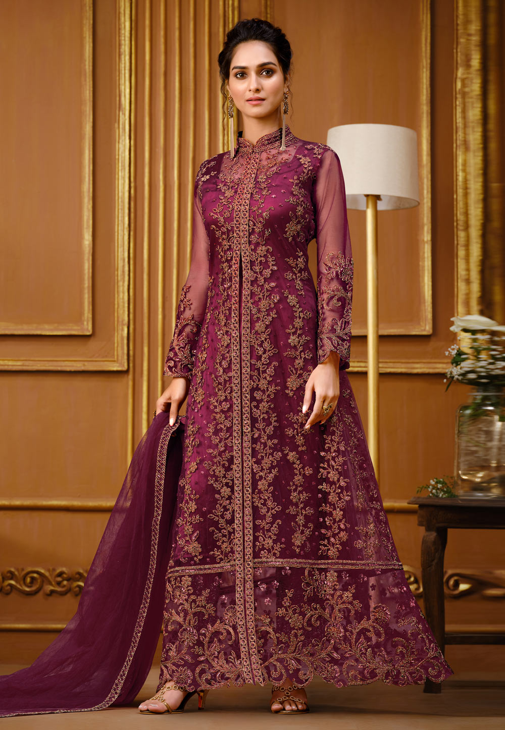 Magenta Net Abaya Style Anarkali Suit 236988