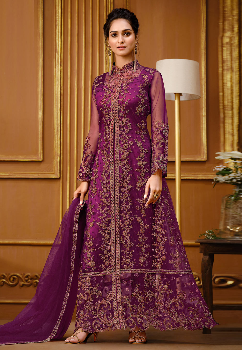 Purple Net Embroidered Pant Style Suit 255772