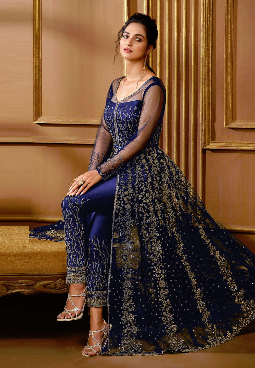 Navy Blue Net Embroidered Pant Style Suit 255844
