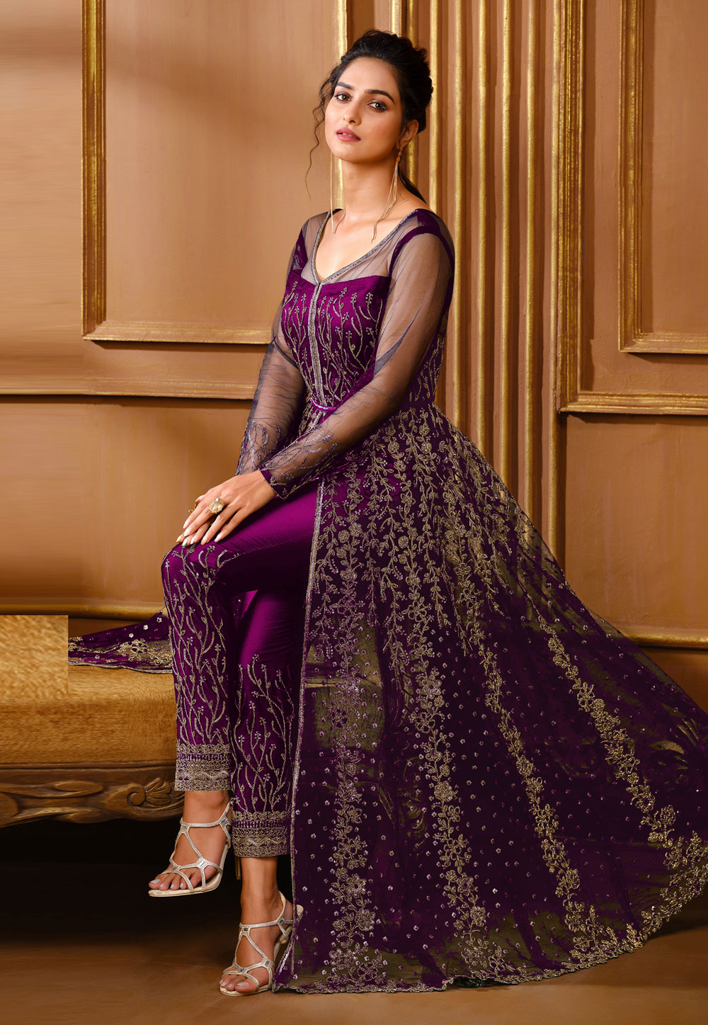 Purple Net Embroidered Pant Style Suit 255845
