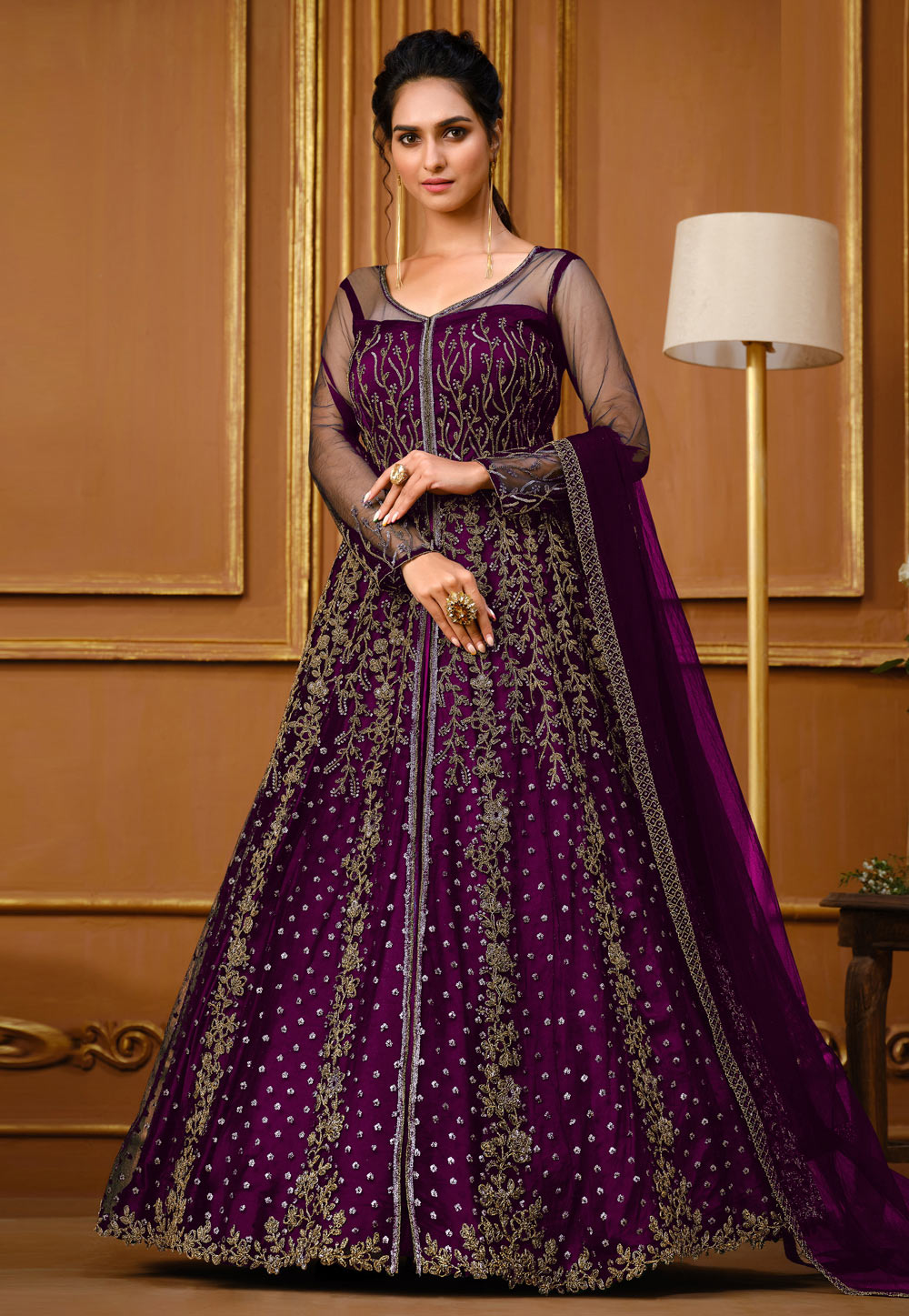 Purple Net Abaya Style Anarkali Suit 255778