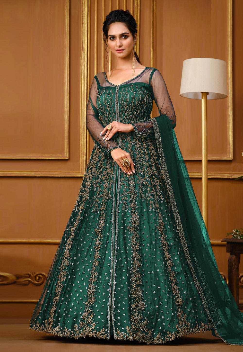 Green Net Abaya Style Anarkali Suit 255779
