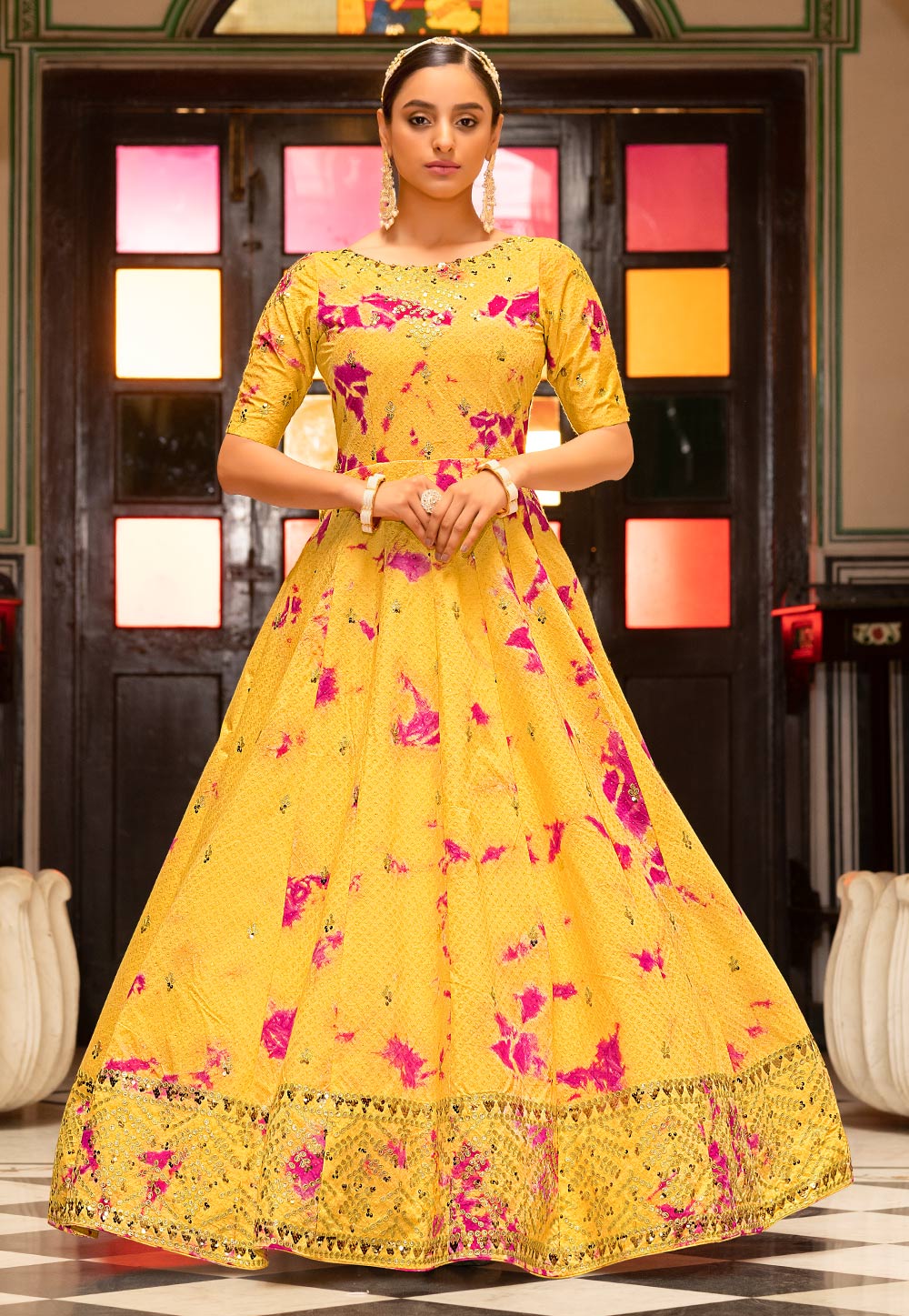 Yellow Cotton Printed Gown 246511