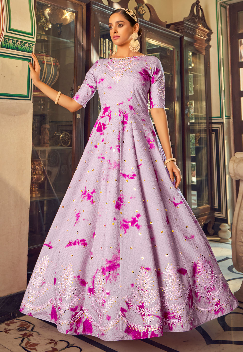 Light Purple Cotton Printed Gown 246514