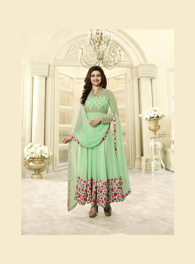 Prachi Desai Light Green Georgette Ankle Length Anarkali Suit 79199