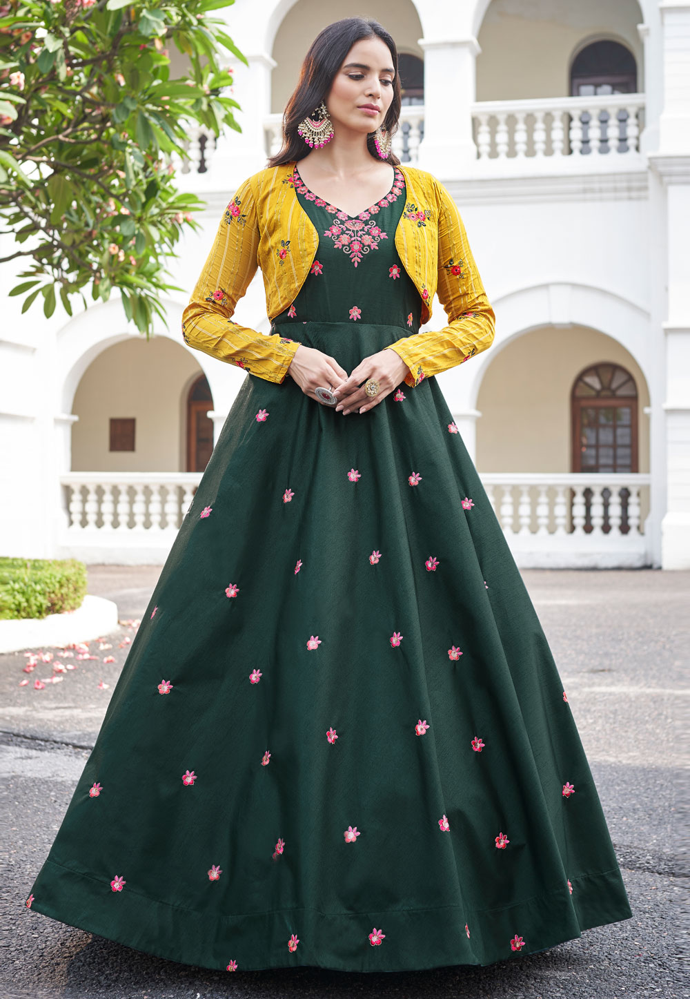 Green Cotton Gown With Jacket 249231