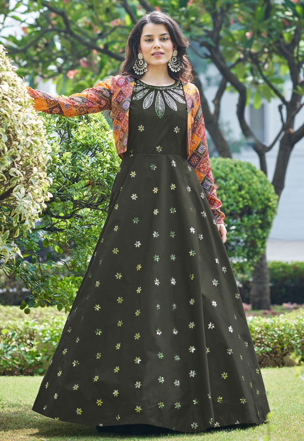 Camo Green Cotton Gown With Jacket 249232