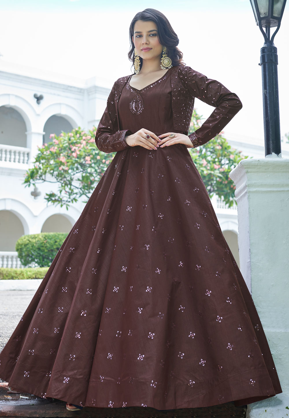 Brown Cotton Gown With Jacket 249234