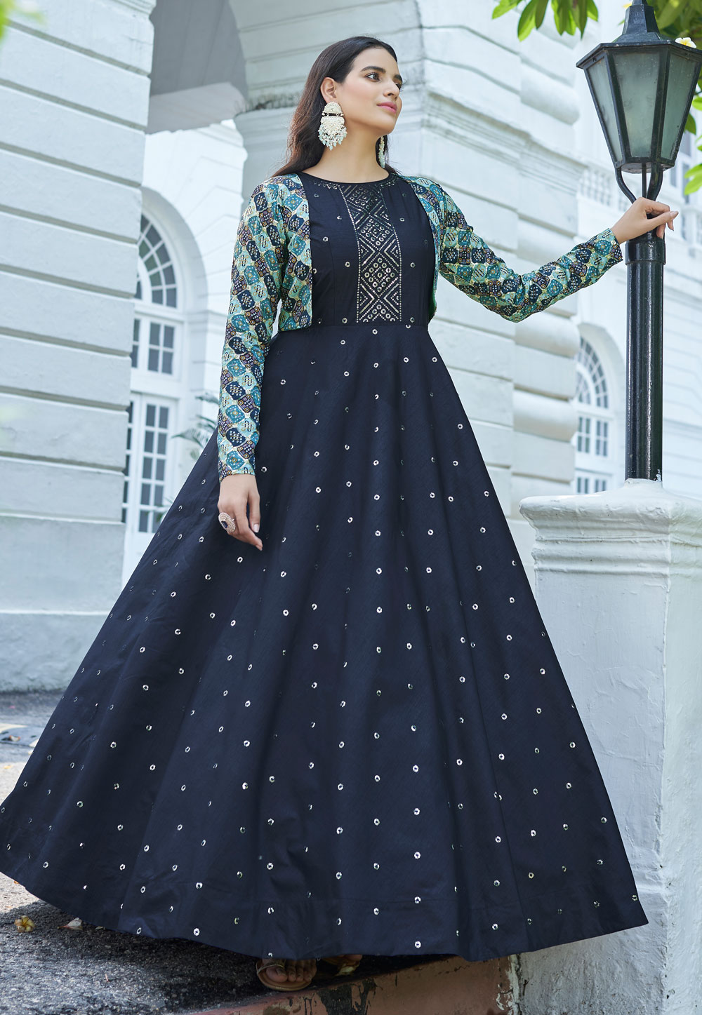Navy Blue Cotton Gown With Jacket 249235