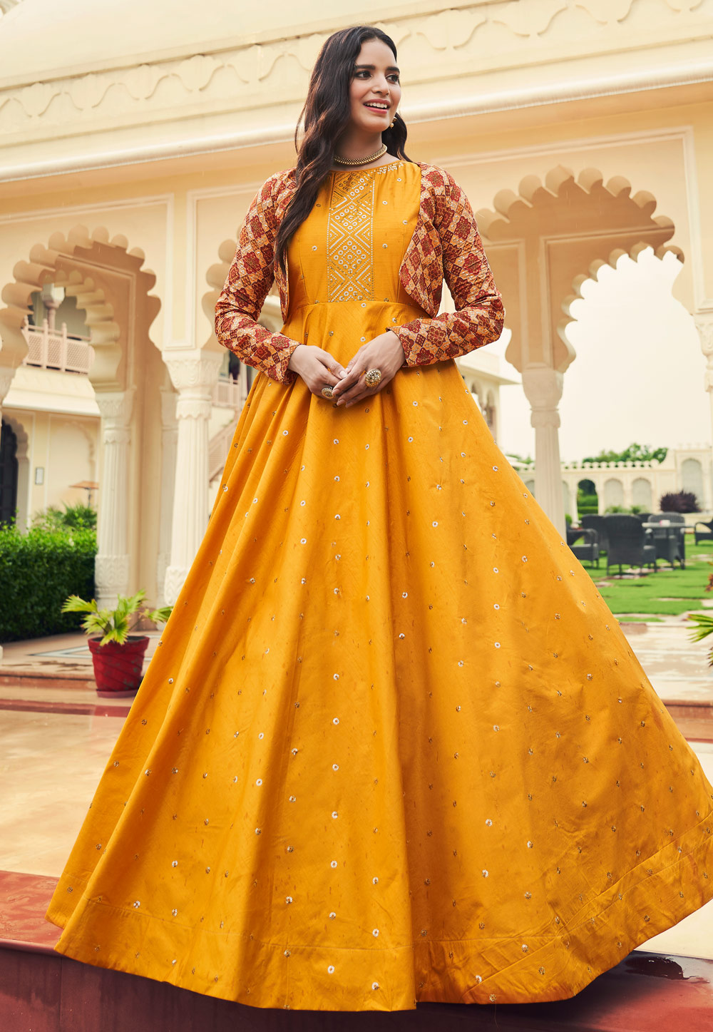 Mustard Cotton Gown With Jacket 249590