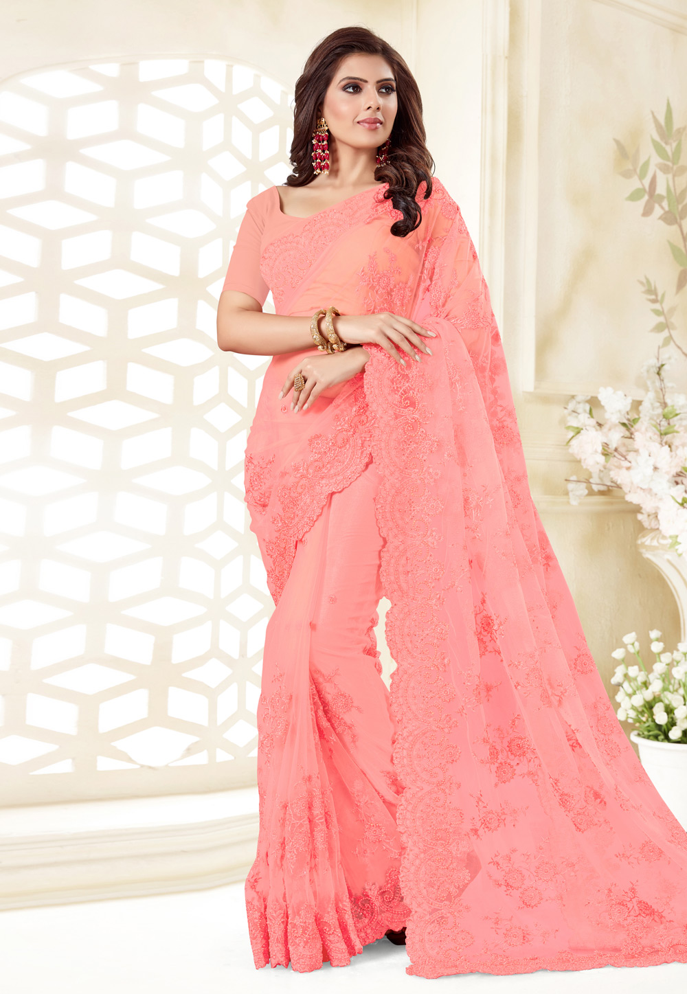 Pink Net Saree With Blouse 186967