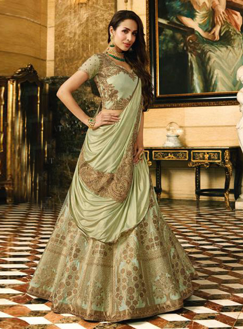 Malaika Arora Green Banarasi Silk A Line Lehenga Choli 148453