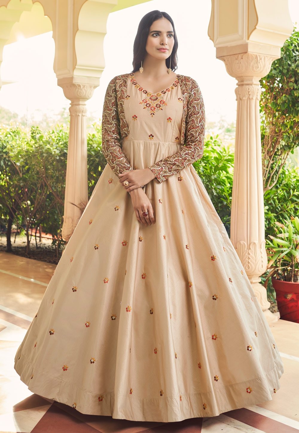 Beige Cotton Gown With Jacket 249593