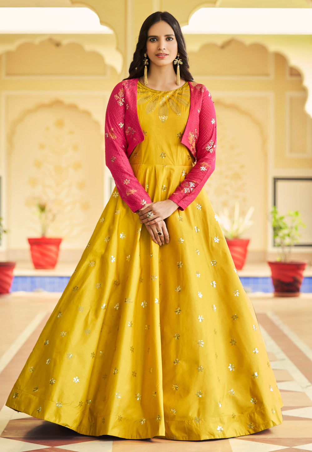 Yellow Cotton Gown With Jacket 249596