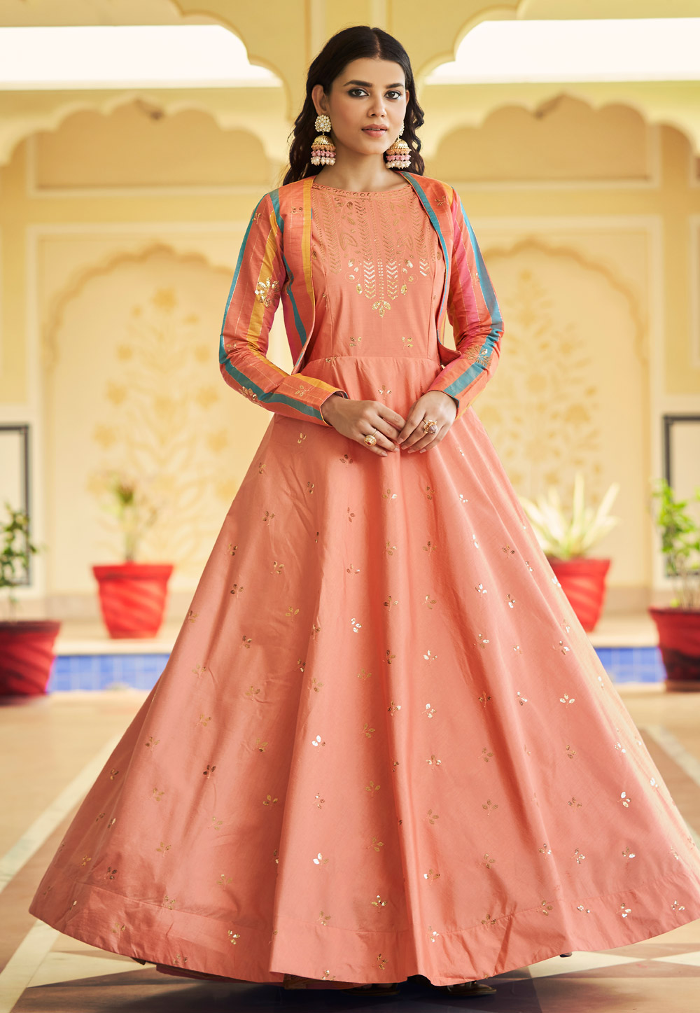 Peach Cotton Gown With Jacket 249597