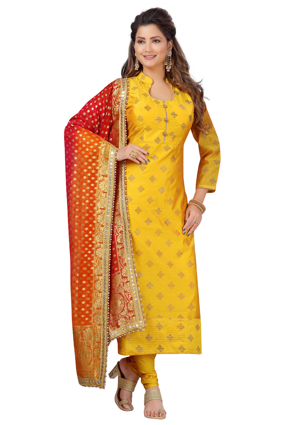 Yellow Chanderi Readymade Churidar Suit 224484